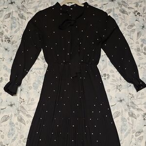 Black Long-Sleeve Polka Dot Tie-Neck Midi Dress